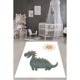 Pelangi Bohem İskandinav Güneş Ve Dinozor Desen Yıkanabilir Kaymaz Taban Leke Tutmaz Çocuk Odası Halısı, Beyaz-Yeşil-Kahverengi 60 x 120, 764201336012005