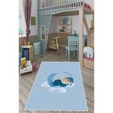 Pelangi Bulut Üstünde Sevimli Ayı Desenli Dijital Baskı Yıkanabilir Kaymaz Taban Çocuk Ve Bebek Odası Halısı, Açık Mavi 80 x 300