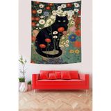 Pelangi Çiçekler İçerisindeki Siyah Kedi Leke Tutmaz Kumaş Duvar Örtüsü Duvar Halısı Tapestry PNTR033, 70 x 70