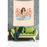 Pelangi Çiçekler İçinde Meditasyon Leke Tutmaz Kumaş Duvar Örtüsü Duvar Halısı Tapestry PNTR216, 140 x 230
