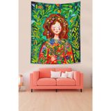 Pelangi Çiçekler İçindeki Kız Relax Mistik Leke Tutmaz Kumaş Duvar Örtüsü Duvar Halısı Tapestry PNTR040, 35 x 50