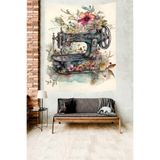 Pelangi Çiçekler Ve Dikiş Makinesi Vintage Leke Tutmaz Kumaş Duvar Örtüsü Duvar Halısı Tapestry PNTR023, 100 x 140