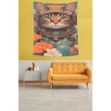 Pelangi Çiçekli Astranot Kedi Leke Tutmaz Kumaş Duvar Örtüsü Duvar Halısı Tapestry PNTR233, 35 x 50