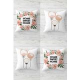 Pelangi Çiçekli Home Sweet Home Balon Gizli Fermuarlı Kırlent Kılıfı Koltuk Yastık Kılıfı Takım(4ADET), Pembe-Yeşil-Beyaz 45 x 45