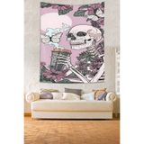 Pelangi Çiçekli Kahve İçen Kafatası Leke Tutmaz Kumaş Duvar Örtüsü Duvar Halısı Tapestry PNTR304, 140 x 230