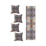 Pelangi Çini Desen Salon Mutfak Masa Değişik Ranır Modelleri Dekoratif 4'lü Kırlent Kılıfı ve Runner Seti, Mavi-Turuncu 40 x 140