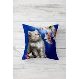 Pelangi Cute Cat Sevimli Kedili Çiçekli Mavi Çift Taraf Gizli Fermuar Genç Kız Kırlent Koltuk Yastık Kılıfı - 45 x 45 cm - Lacivert