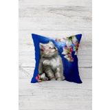 Pelangi Cute Cat Sevimli Kedili Çiçekli Mavi Çift Taraf Gizli Fermuar Genç Kız Kırlent Koltuk Yastık Kılıfı, lacivert 45 x 45