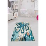 Pelangi Deniz Ahtapot Desenli Halı Dijital Baskı Yıkanabilir Kaymaz Taban Çocuk Odası Halısı, Mavi-Bej 160 x 300