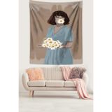 Pelangi Elinde Papatya Demeti Tutan Kız Leke Tutmaz Kumaş Duvar Örtüsü Duvar Halısı Tapestry PNTR138, 70 x 70