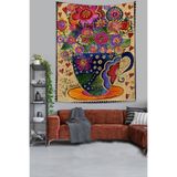 Pelangi Etnik Desen Çiçekli Fincan Leke Tutmaz Kumaş Duvar Örtüsü Duvar Halısı Tapestry PNTR042, 100 x 140