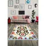 Pelangi Etnik Dokuma Kilim Petek Desen Dijital Baskılı Yıkanabilir Kaymaz Taban Modern Salon Halısı, Krem-Renkli 100 x 250