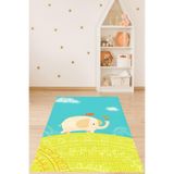Pelangi Fil Çiçek ve Kuş Doğa Desenli Sevimli Yıkanabilir Kaymaz Taban Leke Tutmaz Çocuk Odası Halısık, Mavi-Yeşil 100 x 150