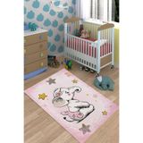 Pelangi Fil Desenli Bebek Odası Halısı Dijital Baskı Yıkanabilir Kaymaz Taban Leke Tutmaz Çocuk Odası Halısı, Toz Pembe 80 x 300