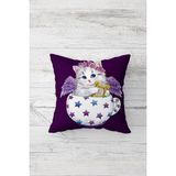 Pelangi Fincanda Sevimli Kedi Çift Tarafı Baskılı Gizli Fermuarlı Yastık Kılıfı Kırlent Koltuk Yastık Kılıfı - 45 x 45 cm - Mor