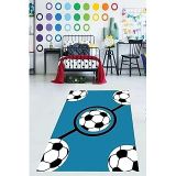 Pelangi Futbol Topu Desenli Yıkanabilir Kaymaz Taban Tutmaz Çocuk Odası Halısı, Mavi-Siyah-Beyaz 80 X 250, 9038680032280250