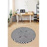 Pelangi Geometrik 3 Boyutlu Desenli Dijital Baskı Yıkanabilir Kaymaz Taban Spor Yuvarlak Halı, Siyah-Beyaz 140 x 140, 9998004414014005
