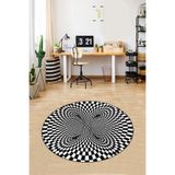 Pelangi Geometrik 3 Boyutlu Desenli Dijital Baskı Yıkanabilir Kaymaz Taban Spor Yuvarlak Halı, Siyah-Beyaz 60 x 60, 9998004406006005