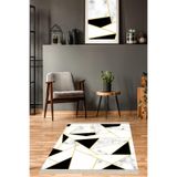 Pelangi Geometrik Desenli Dijital Baskı Yıkanabilir Kaymaz Taban Etnik Kilim Desen Salon Halı, Beyaz-Siyah 120 x 160