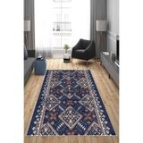 Pelangi Geometrik Etnik Kilim Desenli Siyah Beyaz Dijital Baskı Yıkanabilir Kaymaz Taban Modern Salon Halısı, İndigo Mavi 160 x 250