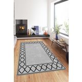 Pelangi Geometrik Karo Çerçeveli Dijital Baskı Yıkanabilir Kaymaz Taban Modern Salon Halısı Ve Yolluk(gri), Gri-Siyah 100 x 600