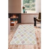 Pelangi Geometrik Karo Şal Desenli Dijital Baskı Yıkanabilir Kaymaz Taban Etnik Kilim Desen Salon Halısı, Bej-Pembe 120 x 160