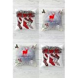 Pelangi Geyik Kokina Yılbaşı Çorabı Christmas Gizli Fermuarlı Kırlent Kılıfı Yastık Kılıfı Takım(4adet), Kırmızı-Beyaz-Gri 43 x 43