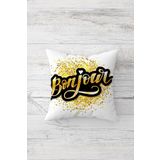 Pelangi Gold Bonjour Yazılı Çift Tarafı Baskılı Gizli Fermuarlı Yastık Kılıfı Kırlent Koltuk Yastık Kılıfı, beyaz-sarı 45 x 45, 24691164145451