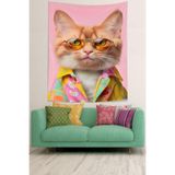 Pelangi Gözlüklü Kedi Leke Tutmaz Kumaş Duvar Örtüsü Duvar Halısı Tapestry PNTR099, 140 x 230