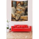 Pelangi Gözü Kapalı Sevimli Kedi Desenli Leke Tutmaz Kumaş Duvar Örtüsü Duvar Halısı Tapestry PNTR515, 70 x 100