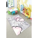 Pelangi Gri Ayıcık Ve Bulut Desenli Yıkanabilir Kaymaz Taban Leke Tutmazbebek Ve Çocuk Odası Halısı, Pembe-Gri 130 x 180