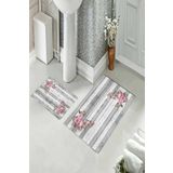 Pelangi Gri Efektli Güllü Banyo Halısı Ikili Klozet Takımı Kaymaz Tabanlı (60 cm x 100 cm + 40 cm x 60 cm)