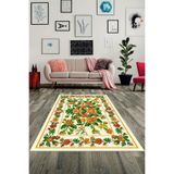 Pelangi Gül Desenli Gül Buketleri Vintage Dijital Baskılı Kaymaz Taban Yıkanabilir Kaydırmaz Halı, Turuncu-Krem 160 x 300