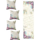 Pelangi Gül Desenli Salon Mutfak Masa Değişik Ranır Modelleri Dekoratif 4'lü Kırlent Kılıfı ve Runner Seti, Beyaz 40 x 140 - 0,60 x 19 x 29 cm - 51R-Turuncu