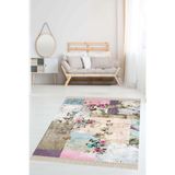 Pelangi Gül Ve Kelebek Kırkyama Patchwork Desenli Etnik Dijital Baskı Yıkanabilir Modern Salon Halı Ve Yollu, Pembe-Mavi 120 x 200