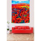 Pelangi Gün Batımı Ve Gelincik Tarlası Leke Tutmaz Kumaş Duvar Örtüsü Duvar Halısı Tapestry PNTR097, 70 x 100