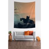 Pelangi Gün Batımında Atlı Adam Leke Tutmaz Kumaş Duvar Örtüsü Duvar Halısı Tapestry PNTR387, 140 x 230