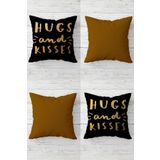 Pelangi Hugs And Kisses Kombin Gizli Fermuarlı Kırlent Kılıfı Koltuk Yastık Kılıfı Takım(4adet), Gold-Siyah 45 x 45
