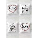 Pelangi I Love You Yazılı Sevgili Temalı Gizli Fermuarlı Kırlent Kılıfı Koltuk Yastık Kılıfı Takım(4adet), Siyah-Kırmızı-Beyaz 43 x 43