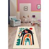 Pelangi İskandinav Fil Desenli Yıkanabilir Kaymaz Taban Leke Tutmaz Çocuk Odası Halısı, Siyah-Turuncu-Mavi 120 x 160