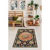 Pelangi Jüt Hasır Kilim Görünümlü Dijital Baskılı Kaymaz Taban Yıkanabilir Modern Salon Halısı Ve Yolluk, Siyah-Hardal 100 x 150