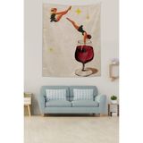 Pelangi Kadehteki Şarap Ve Kadın Sanatsal Temalı Leke Tutmaz Kumaş Duvar Örtüsü Duvar Halısı Tapestry PNTR535, 35 x 50