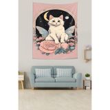 Pelangi Kanatlı Sevimli Kedi Ay Yıldızlar Çiçek Desenli Leke Tutmaz Kumaş Duvar Örtüsü Duvar Halısı Tapestry PNTR517, 140 x 140