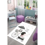 Pelangi Kedi Ve Küçük Kız Dijital Baskı Yıkanabilir Kaymaz Taban Leke Tutmaz Kedili Çocuk Odası Halısı, Beyaz-Siyah 130 x 180