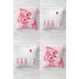 Pelangi Kedili Balonlu Kedi Desenli Gizli Fermuarlı Kırlent Kılıfı Koltuk Yastık Kılıfı Takım(4adet), Pembe-Beyaz 43 x 43