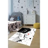 Pelangi Kedili Halı Kedi Desenli Dijital Baskı Yıkanabilir Kaymaz Taban Bebek Ve Çocuk Odası Halısı, Siyah-Beyaz 130 x 180