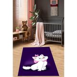 Pelangi Kedili Halı Kedi Desenli Renkli Dijital Baskı Yıkanabilir Kaymaz Taban Bebek Ve Çocuk Odası Halısı, Mor 60 x 200