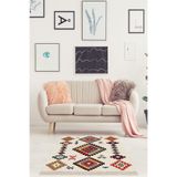 Pelangi Kilim Desenli Etnik Dijital Baskı Yıkanabilir Kaymaz Taban Eskitme Salon Halı Ve Yolluk, Bej-Kırmızı 180 x 280