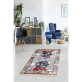 Pelangi Kilim Desenli Etnik Dijital Baskı Yıkanabilir Kaymaz Taban Eskitme Salon Halı Ve Yolluk, Gri-Mavi 80 x 150