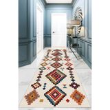 Pelangi Kilim Desenli Etnik Dijital Baskı Yıkanabilir Kaymaz Taban Eskitme Salon Halı ve Yolluk, Krem-Kırmızı 100 x 600, 95543971006007